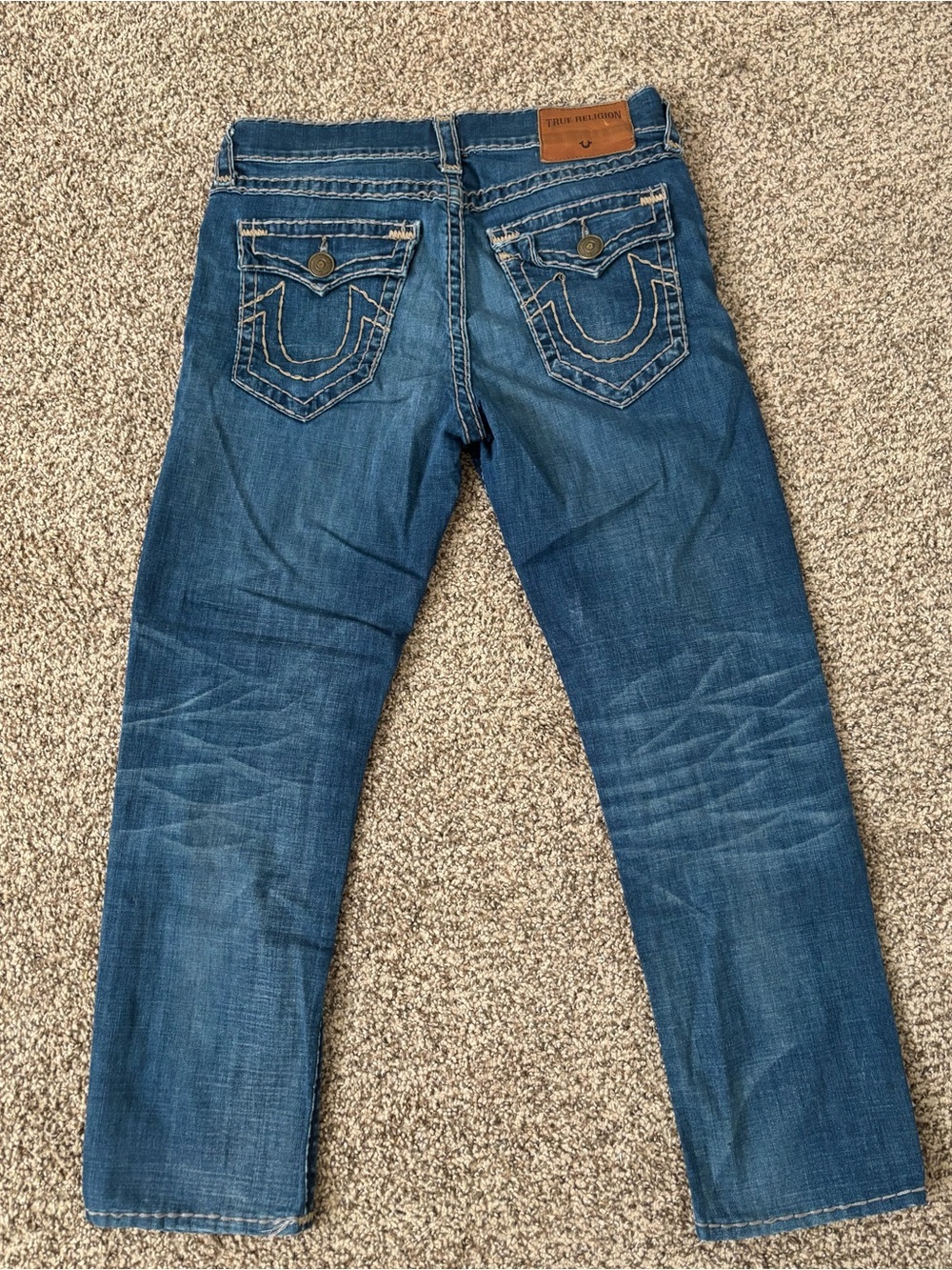 True Religion Men's Blue Straight Jeans with Signature Pocket Stitching